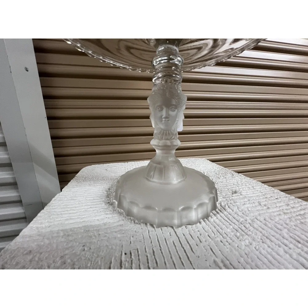 Rare Pedestal Cake Stand Frosted THREE FACES Duncan Miller Pressed Glass
